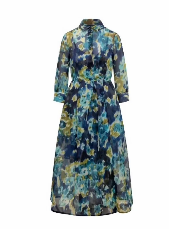 Smart Casual Deals Early Access to Art Deco Styles Sale Elenat Silk Shirt Dress In Blue Green