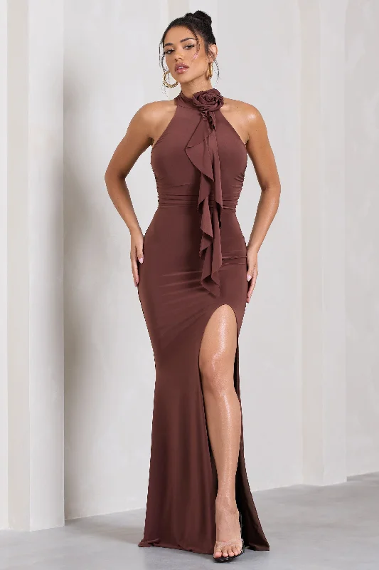 Unleash Your Style Elegant Details Wanderer | Chocolate Brown Ruched Halter-Neck Split Maxi Dress With Flower