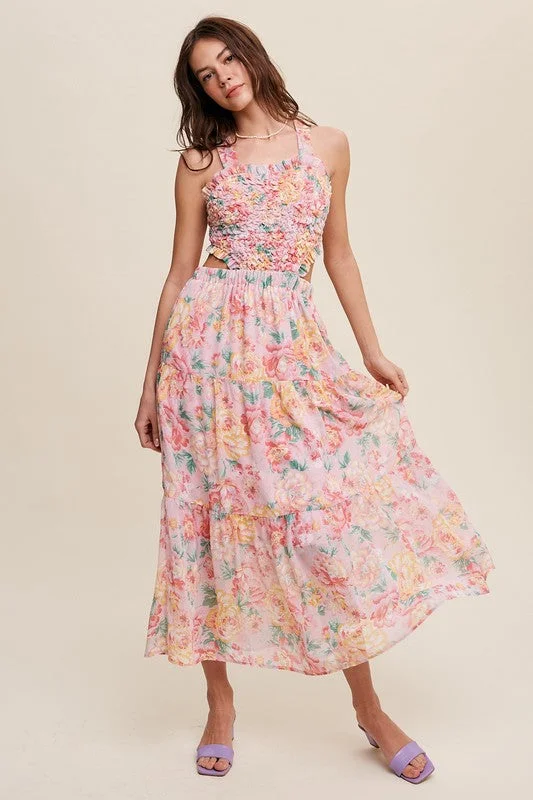 The Latest Trends Ethnic Cultural Event Wear Hot Girl Floral Bubble Textured Cutout Maxi Dress