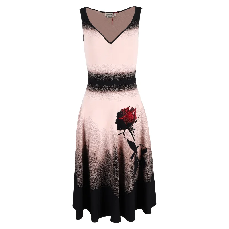 Latest Trends Mid - Season Sale Alexander Mcqueen Rose Print Midi Sleeveless A-Line Dress in Multicolor Viscose