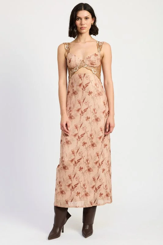 Clearance Sale, All Cheap Romantic Detailing Hot Girl Bohemian Bloom Lace Contrast Floral Maxi Dress In Earthy Peach