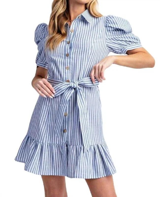 Timeless Elegance Redefined Lighten Up with Nordic Styles Cotton Striped Belted Shirt Dress In Blue