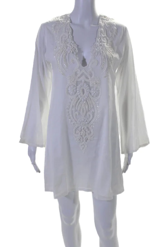 Hot Picks Artful Design Ananya Womens Long Sleeve V Neck Beaded Mini Shirt Dress White