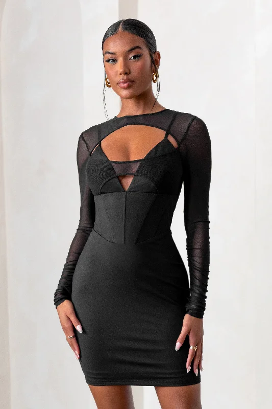 Fashion Forward, Function First Seasonal Trend This Moment | Black High Neck Cut Out Mini Dress With Mesh Sleeves