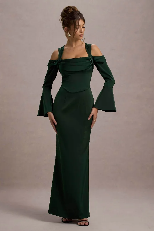 Exclusive Fashion Deals Classic Timeless Elegant Style Heartthrob | Green Satin Draped Bardot Maxi Dress