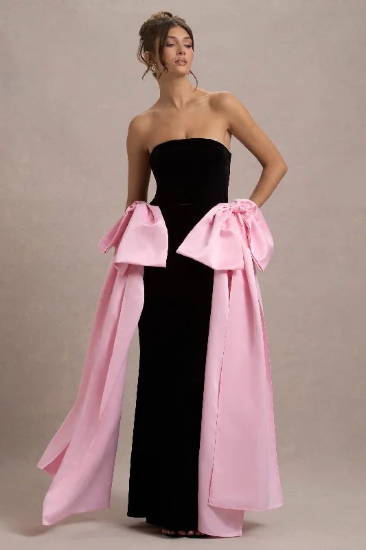 Cozy Chic Promotions Cottagecore Rustic Charm Style Attention | Black Strapless Maxi Dress With Pink Satin Bows