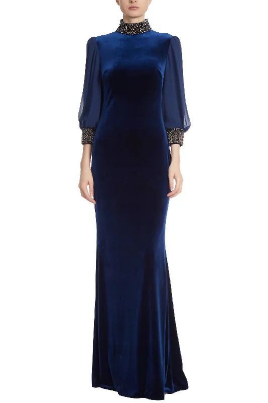 Classic Elegance Sales Casual Elegance Velvet Embellished Cuff Gown In Midnight