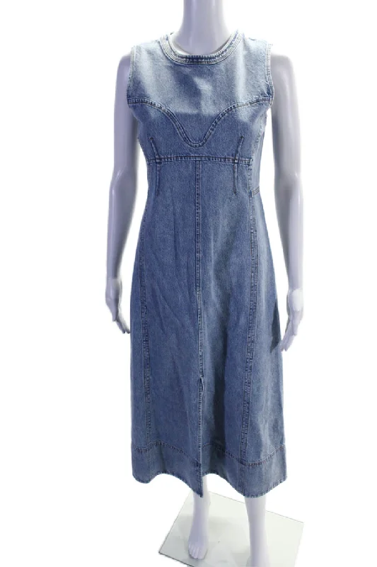 Catch Every Fashion Trend Graceful Drape Tanya Taylor Womens Denim Sleeveless Front Slit A Line Marion Dress Blue