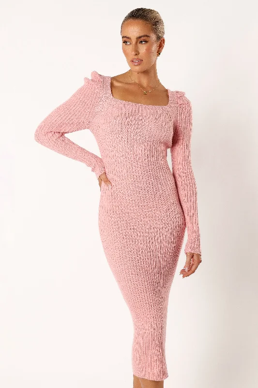 Bid Farewell To The Old Season Seasonal Trend Camryn Puff Sleeve Knit Sweater Midi Dress - Blush