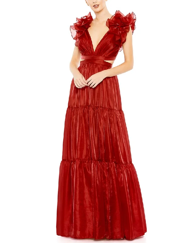 Refined Fashion Sale Huge Savings on Parisian Styles Mac Duggal Ruffled Shoulder Cutout Soft Tie-Back Tiered Gown