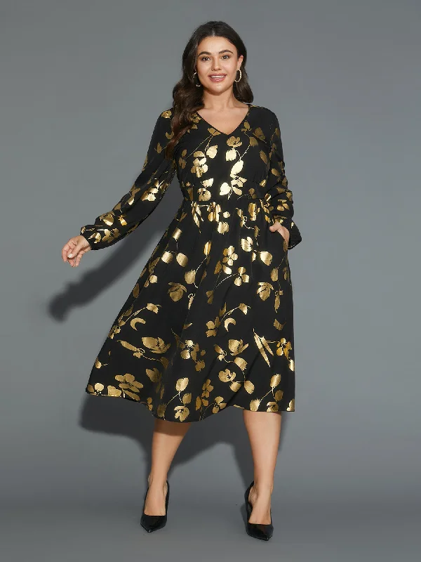 Trend Leading Collection Elegant Contour Glitter Silhouette Floral Print Elastic Waist Dress