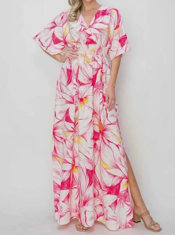 Bold Style Discounts Feminine Charm Floral Short Sleeve Maxi Dress In Fuchsia