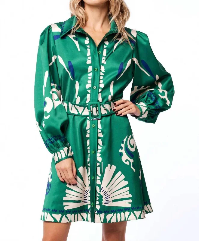 Mega Sales Dreamy Aesthetic Billy Long Sleeve Mini Shirt Dress In Gree