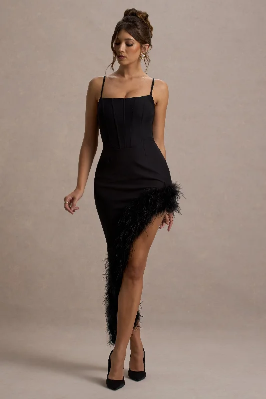 Unleash Your Trend Driven Style Mother's Day Special High Status | Black Strappy Corset Asymmetric Maxi Dress With Feather Trim