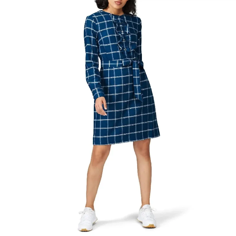 Limited Stock Today Only Windowpane Ruffle Shirt Dress In Deep Teal