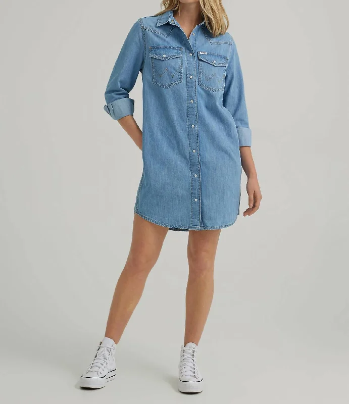 Retro Style Promotions Effortless Comfort Loose Fit Denim Shirt Dress In Scarecrow Blue