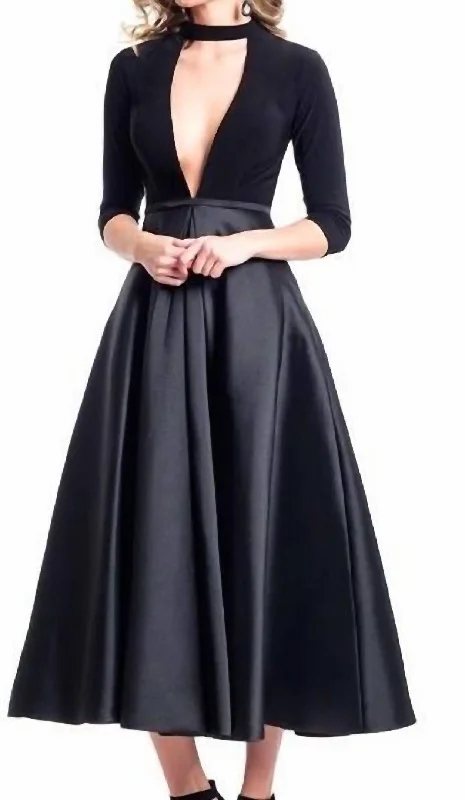 Don't Miss Out Romantic Detailing Black Tea Length Long Sleeve Dress