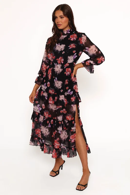 Trend Alert Modern Romance Isadora Long Sleeve Maxi Dress - Black Blurred Floral