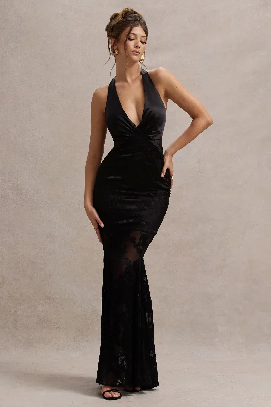 Affordable Luxury Fashion Sophisticated Cut Sunset Tales | Black Satin Devore Plunge-Neck Maxi Dress