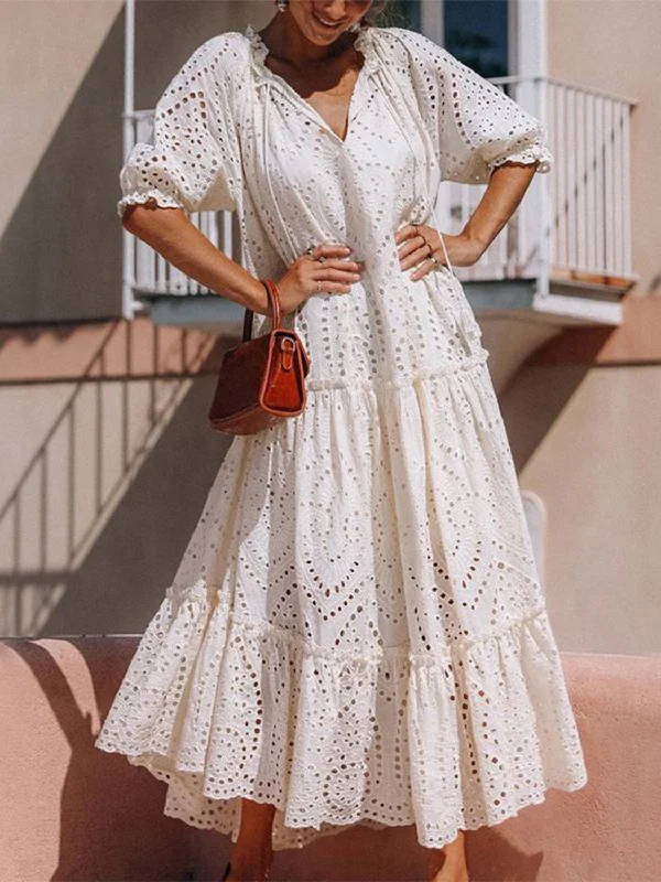 Stylish Statements Save on Classic Elegant Styles Hot Girl Summer Eyelet  Half Sleeve Tiered Cotton Maxi Dress