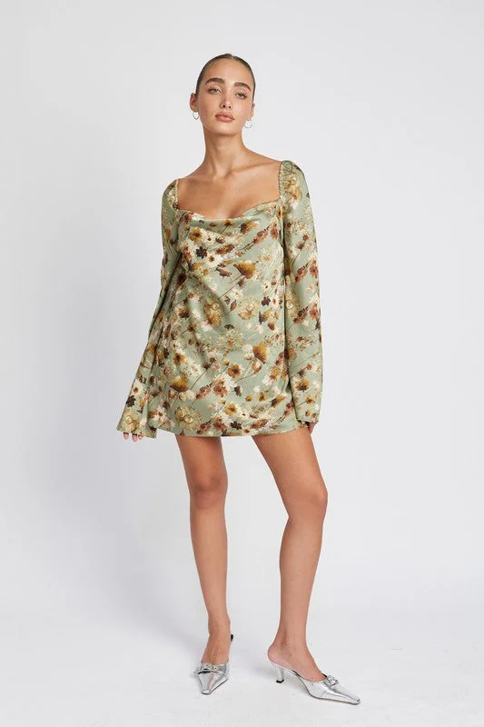 Winter Warehouse Sale Effortless Sophistication Hot Girl Fall Floral Long Sleeve Open Back Mini Dress In Sage