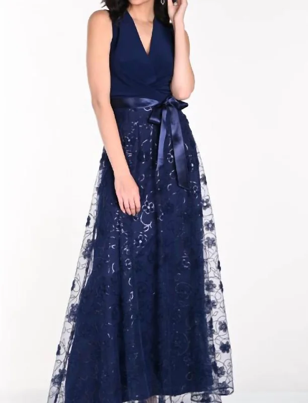 Chic Style, Always In Vogue Feminine Elegance Floral Gown In Navy