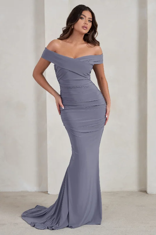 Huge Discounts This Week Now on Sale for Chic Urban Styles Apolline | Grey Off The Shoulder Ruched Fishtail Maxi Dress