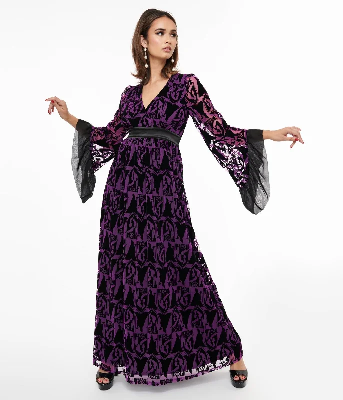 Spring Fashion Update with Cottagecore Styles Disney Princess collection by Unique Vintage Purple & Black Velvet Burnout Maleficent Print Maxi Dress