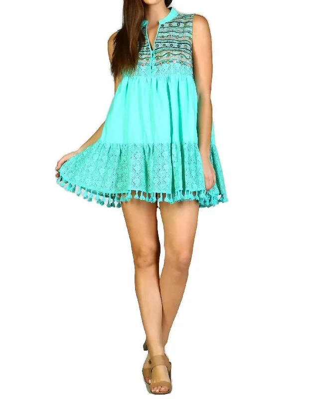 Limited Stock, Big Sale Update with Cottagecore Styles Lace & Fringe Embroidered Sleeveless Dress In Mint