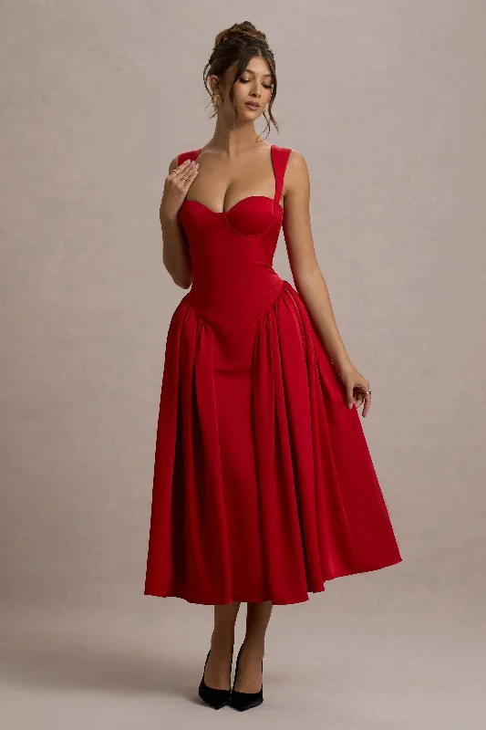 Romantic Chic Deals Feminine Soft - Hued Styles Covia | Red Satin Sweetheart Midi Dress