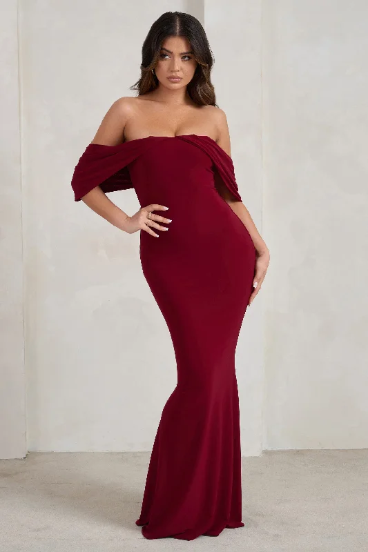 Budget Friendly Great Prices on Feminine Styles Gabrielle | Berry Red Bardot Neckline With Drape Sleeves Maxi Dress