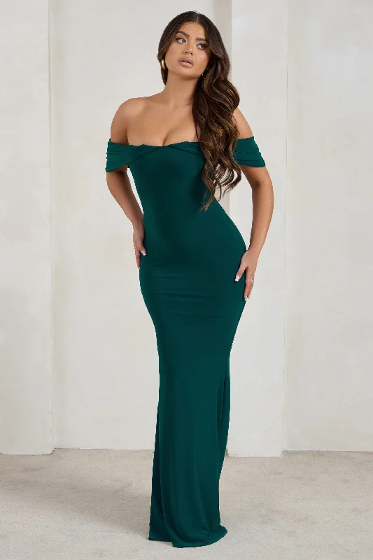 Budget Saver Celebrate with Big Savings Gabrielle | Green Bardot Neckline With Drape Sleeves Maxi Dress