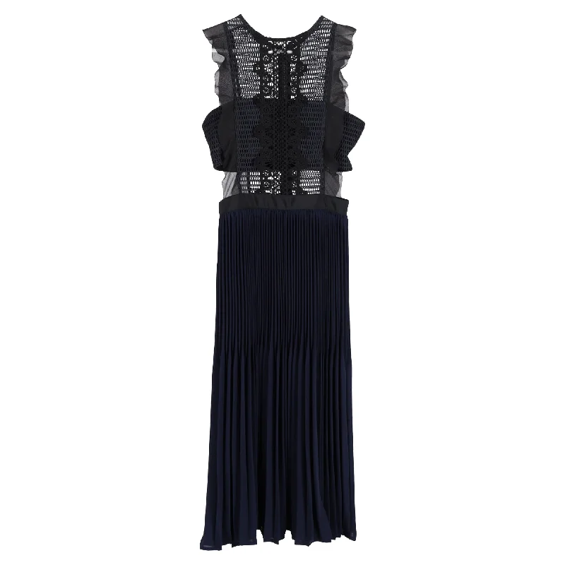 Sleek Style Discounts Disco - Inspired Retro Dance Look Self-Portrait Sleeveless Pleated Lace Dress in Navy Blue Polyester