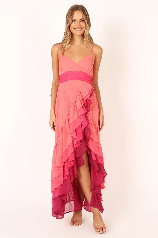 Hot Sale Feminine Soft - Hued Look BomBon Tiered Maxi Dress - Coral Hot Pink