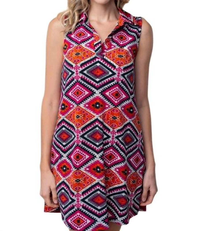 Sustainable Fashion Extravaganza Elegant Details Sleeveless Aztec Print Knit Dress In Multi