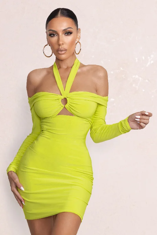 Timeless Elegance Sale Alluring Design Never Stopping | Lime Green Bardot Halter Neck Cut Out Mini Dress