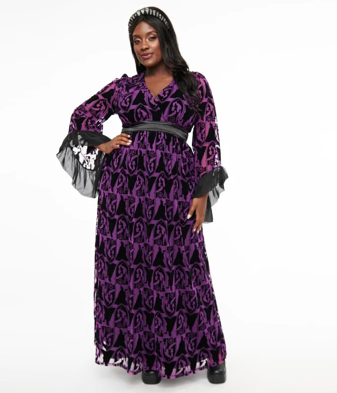 Summer Fashion Anniversary Sale Disney Princess collection by Unique Vintage Plus Size Purple & Black Velvet Burnout Maleficent Print Maxi Dress