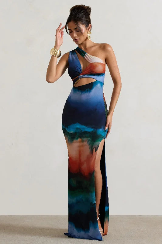 Classic Elegance Sales Chic Allure Mykonos | Multi Blur Print Asymmetric Cut-Out Split Maxi Dress