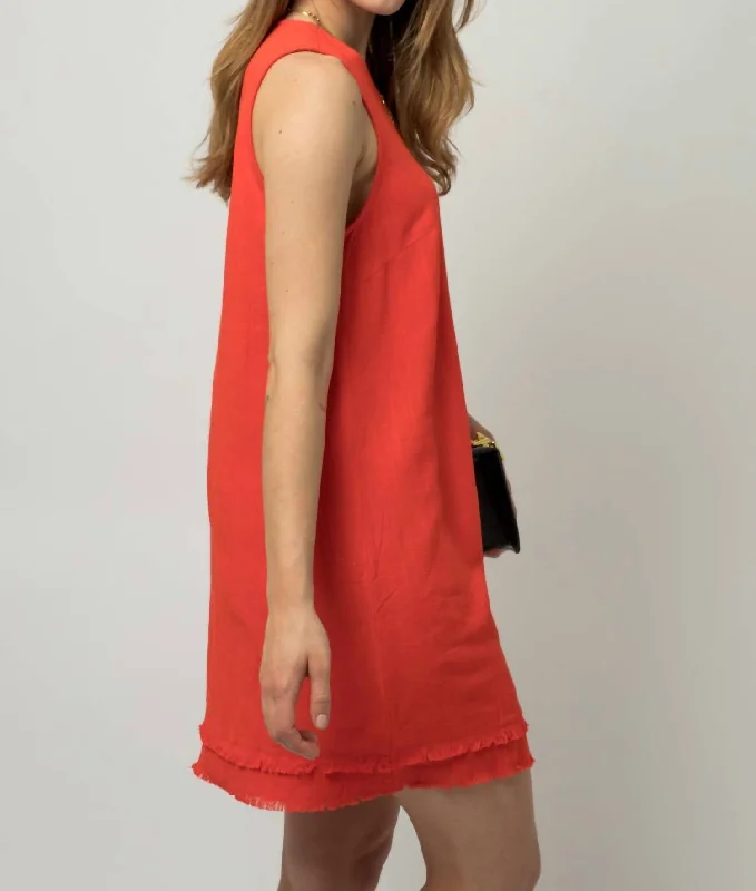 Discover Promotions Huge Savings on Parisian Styles The Virginia Double Frayed Sleeveless Linen Shift Dress In Tomato