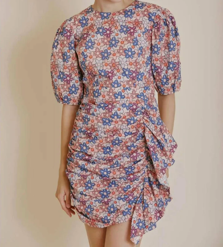 Casual Chic Holiday Sale Flower Fields Puff Sleeve Floral Dress In Pink/blue