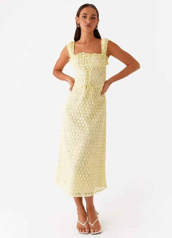 Comfortable Chic Feminine Charm Keziah Tie Front Midi Dress - Lemon