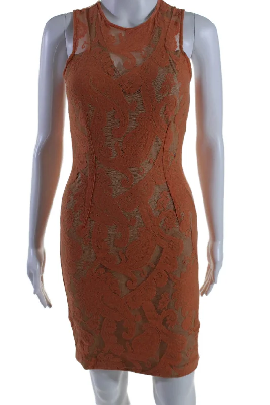 Trendy Looks On Sale Polished Finish Yigal Azrouel Womens Lace Sleeveless Body Con Dress Orange Beige