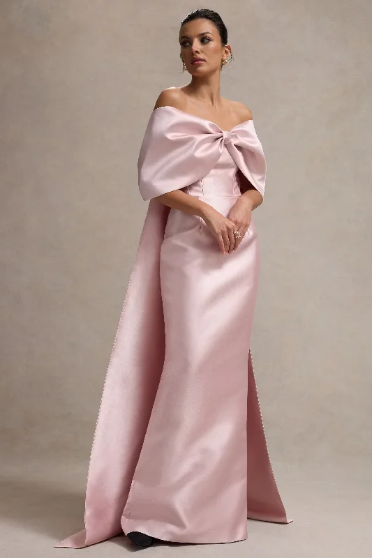 Limited Time Anniversary Sale Wanting More | Pink Satin Cape Maxi Dress With Oversized Bow