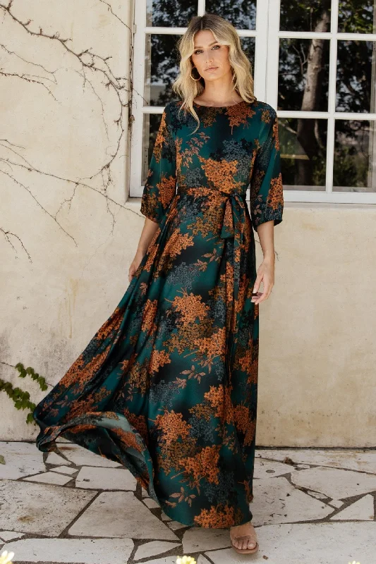 The Latest Fashion Trends Lighten Up with Nordic Styles Paula Satin Maxi Dress | Jade Multi