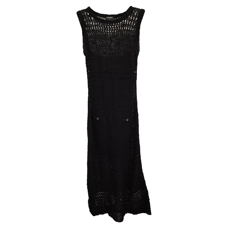 Feminine Style Promotions Vintage Retro Party Wear Chanel by Virginie Viard Crochet Midi Camélia Sleeveless Dress in Black Viscose