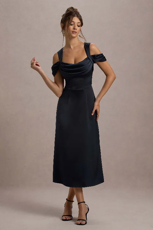 Fashion Sale Chic Allure Sawyer | Navy Satin Draped Midi Dress