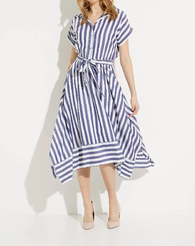 Exclusive Designer Style Deals Elegant Contour Striped Shirt Dress In Blue/white