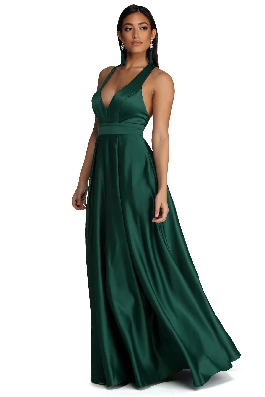 Holiday Glam Sophisticated Cut Elle Formal Satin Ball Gown