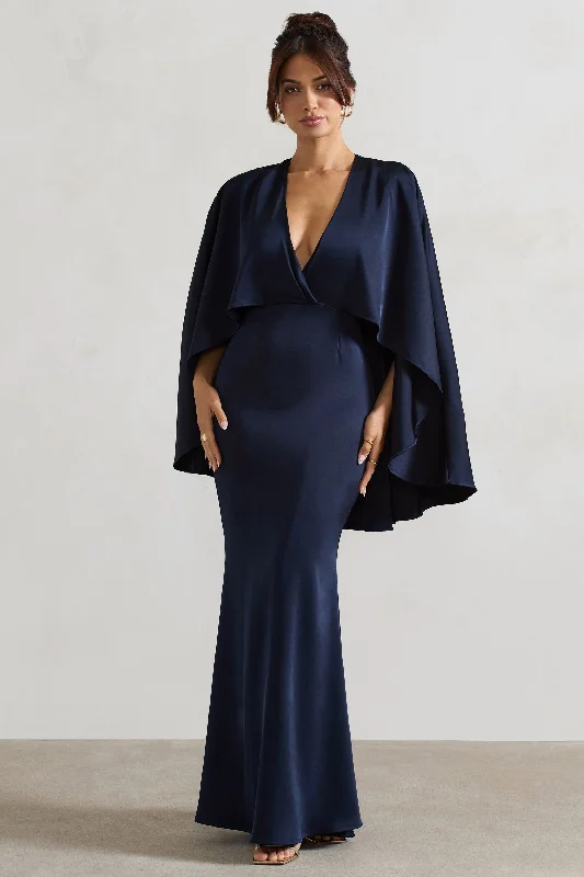 Timeless Style Promotions Graceful Drape Yasie | Navy Satin Plunge-Neck Maxi Dress With Cape Sleeves