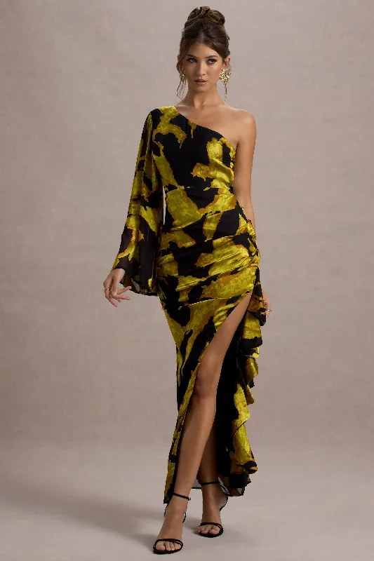 Must-Have Style Discounts Romantic Detailing Sevilla | Mustard Print Satin Jacquard One Sleeve Ruffled Split Maxi Dress